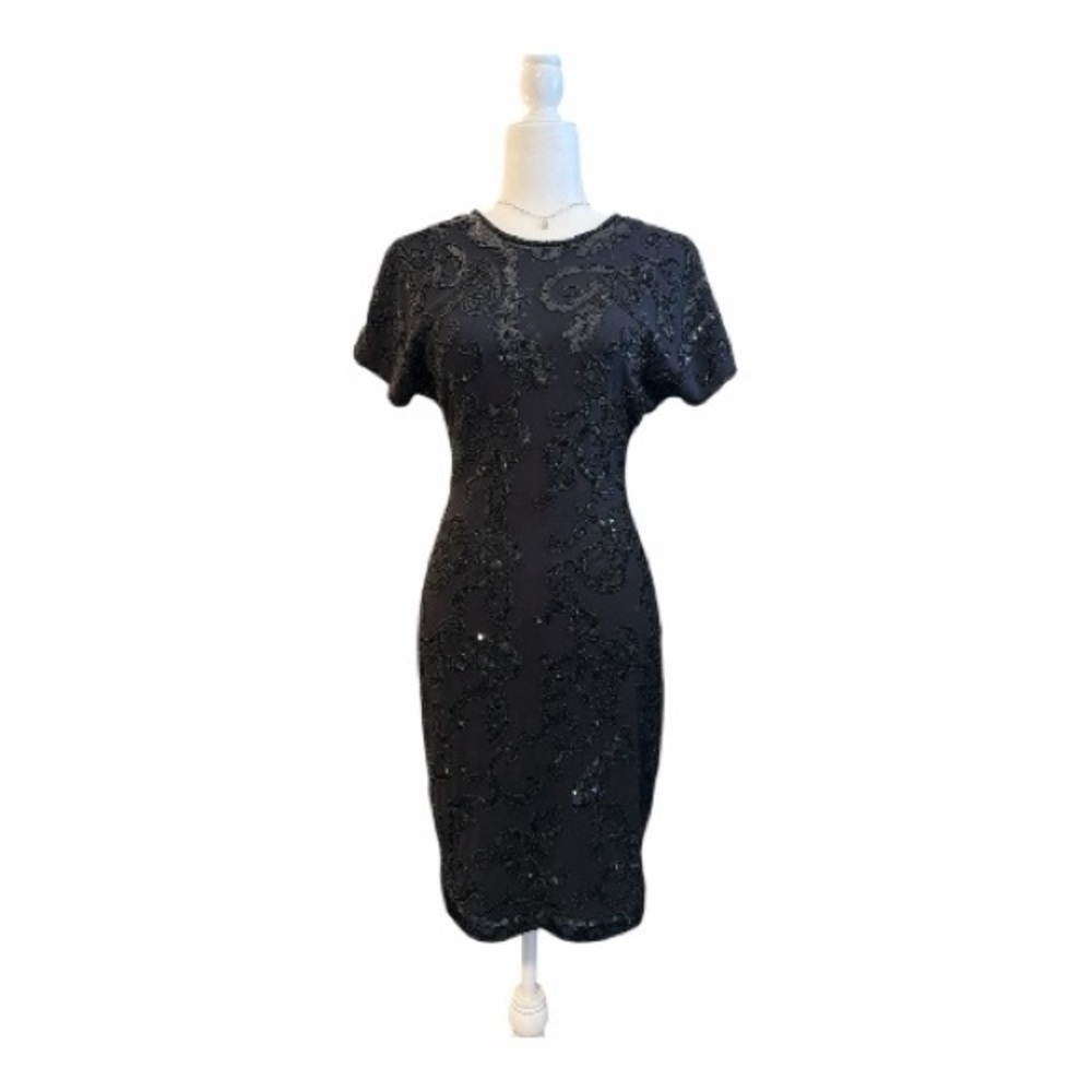 Carmen Marc Valvo Old Hollywood Black Beaded Dress Glam Evening M AG1 - Picture 2 of 8